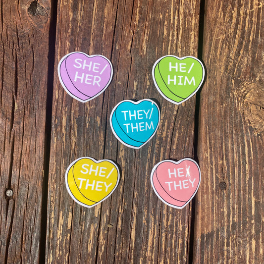 Pronoun Candy Heart Vinyl Stickers